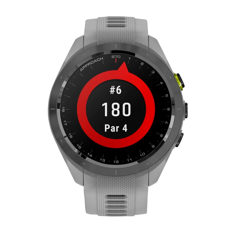 Garmin Approach S70 42 mm smartwatch with black/amp yellow ceramic bezel and powder gray silicone band