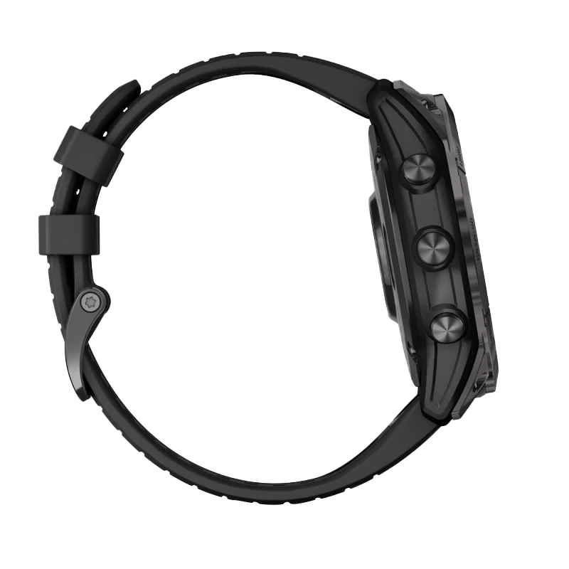Garmin Fenix 7X Pro Solar Edition smartwatch with black silicone band, side view