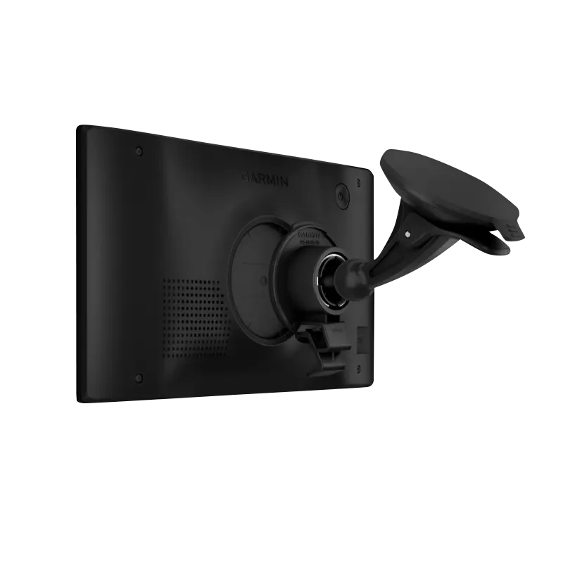 Garmin RV 795 7-inch RV navigator, black back view with suction mount, refurbished