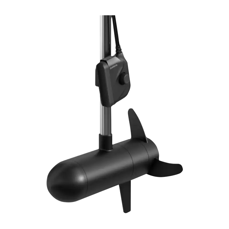 Garmin Panoptix PS22-TR transducer, black housing mounted on a vertical trolling motor shaft for marine chartplotters