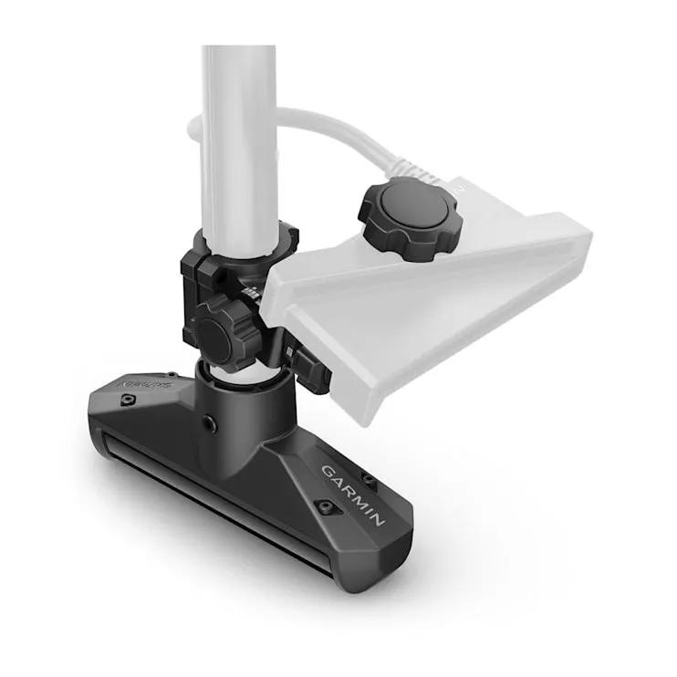 Garmin GT360UHD transducer on a spy-pole mount, black base with white vane, Garmin logo visible