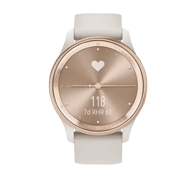 Garmin Vívomove Trend peach gold smartwatch with ivory case and silicone band, certified refurbished
