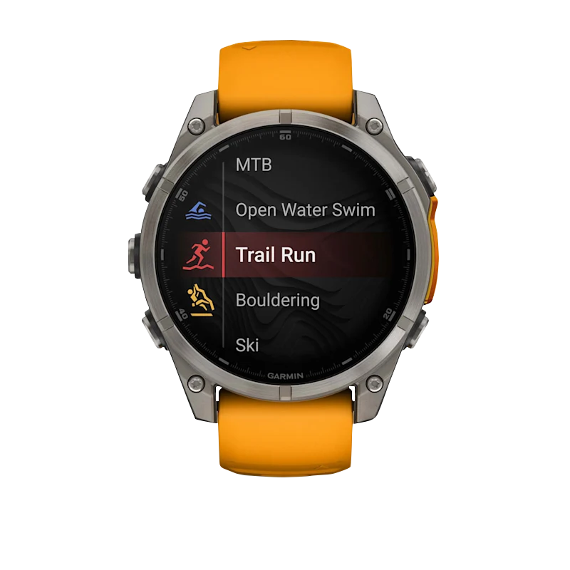 Garmin Fenix 8 smartwatch, 51 mm AMOLED Sapphire titanium case with Spark Orange/Graphite silicone band