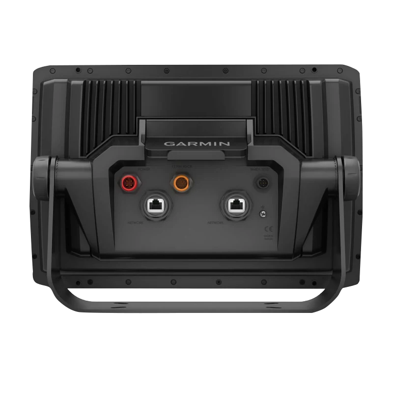 Garmin ECHOMAP Ultra 2 12-inch chartplotter back view with red/orange ports and dual network connectors