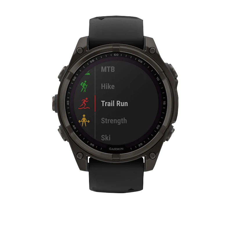 Garmin Fenix 8 smartwatch, 47mm Solar Sapphire case in Carbon Gray DLC Titanium with black/pebble gray silicone band