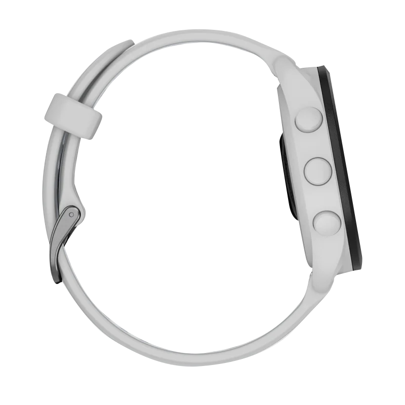 Garmin Forerunner 165 smartwatch in Mist Gray/Whitestone, side view with white strap.