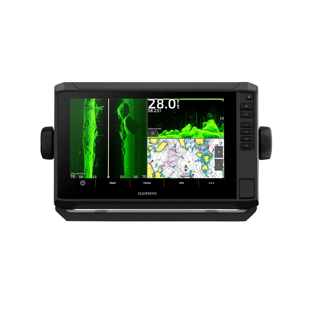 Garmin GPSMAP 8616 marine chartplotter with mapping, black rugged display and side knobs.