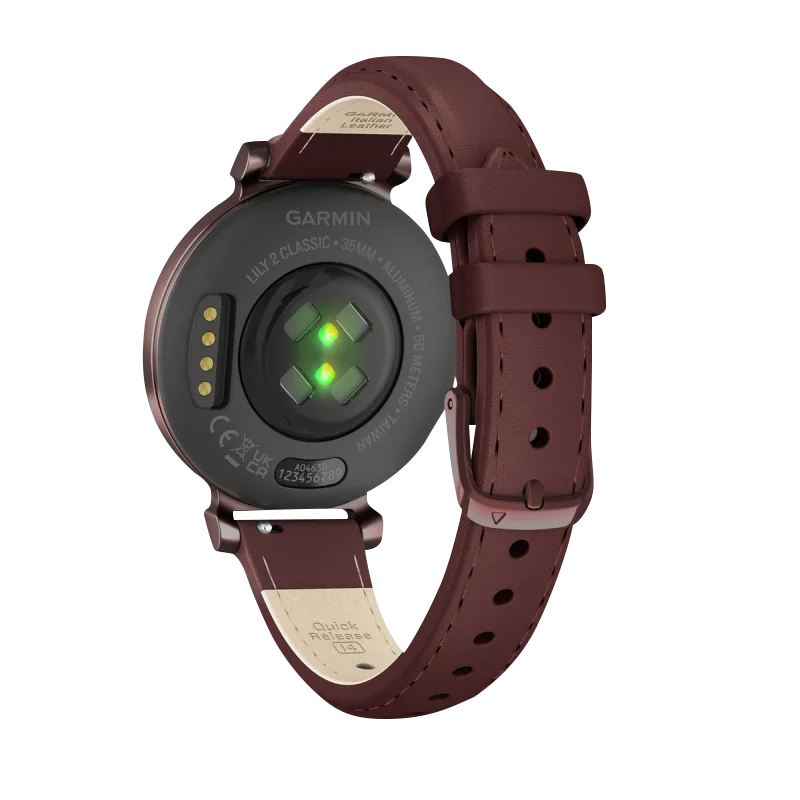 Garmin Lily 2 Classic smartwatch with dark bronze case and mulberry leather band, refurbished