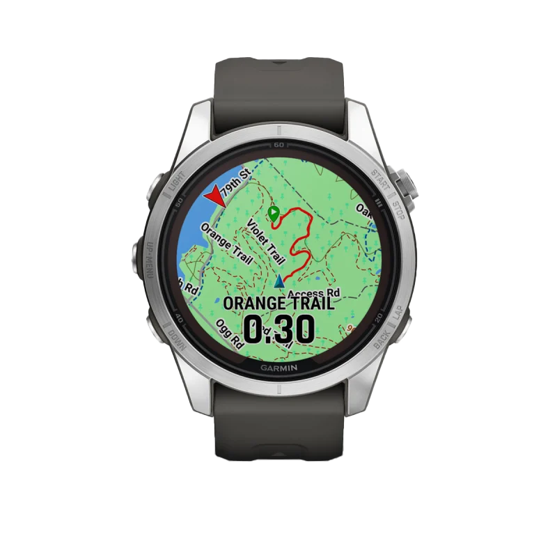Garmin Fenix 7S Pro Solar smartwatch with silver case and graphite band, map display