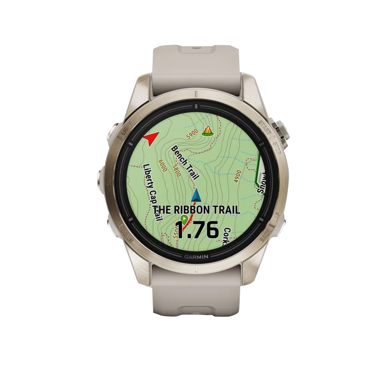 Garmin Epix Pro Gen 2 42mm sapphire edition smartwatch with soft gold case and light sand band