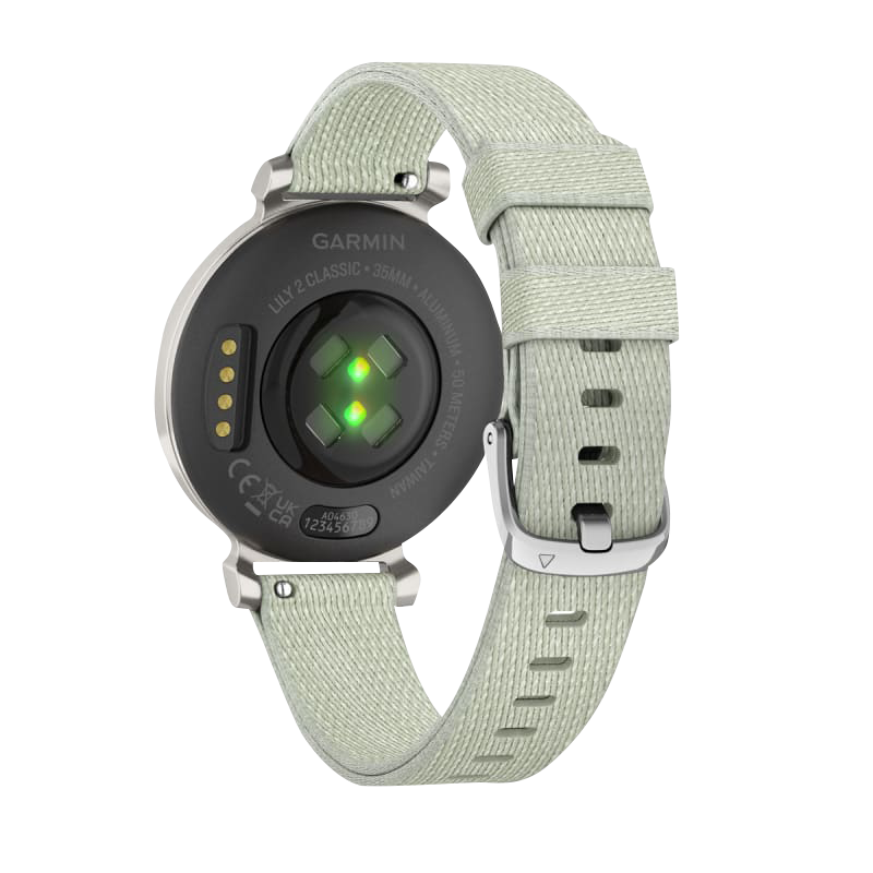 Garmin Lily 2 Classic smart watch, silver case with sage gray nylon band, Garmin Certified Refurbished