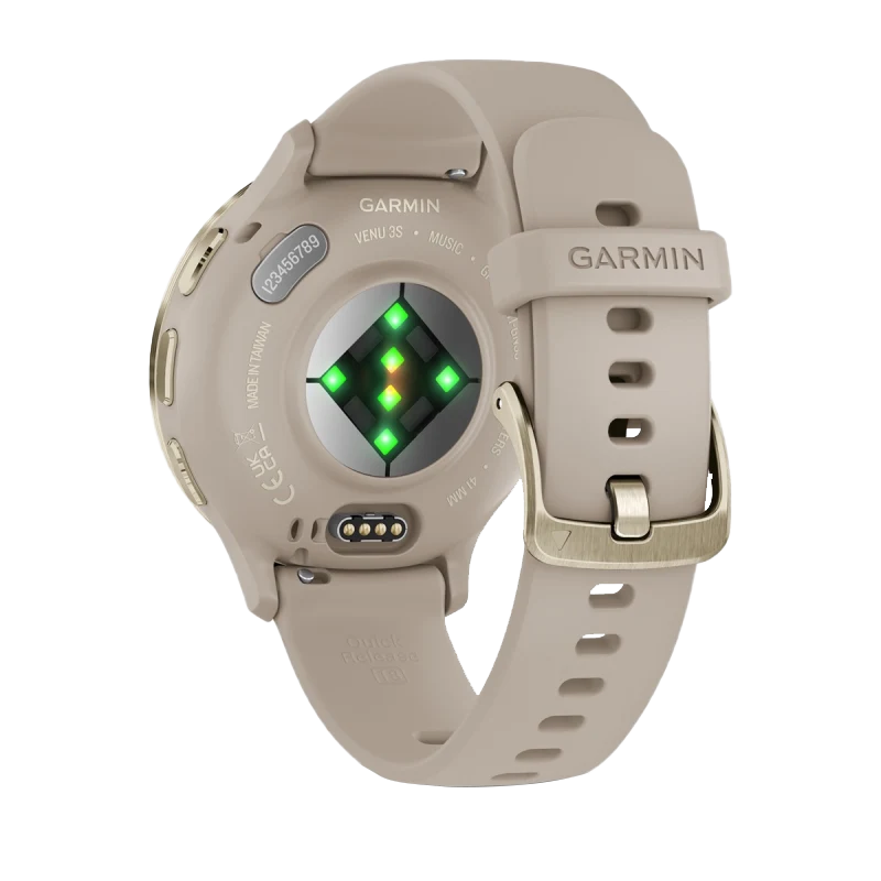 Garmin Venu 3S smartwatch, 41 mm soft gold bezel with French gray case and silicone band