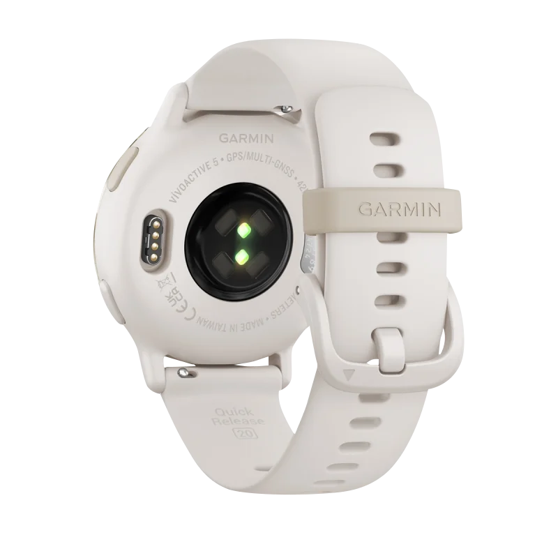 Garmin Vivoactive 5 smartwatch with ivory silicone band and cream-gold aluminum bezel
