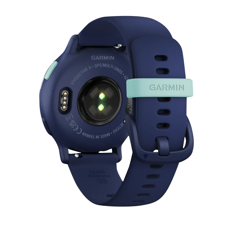 Garmin Vivoactive 5 smartwatch with metallic navy aluminum bezel and navy silicone band