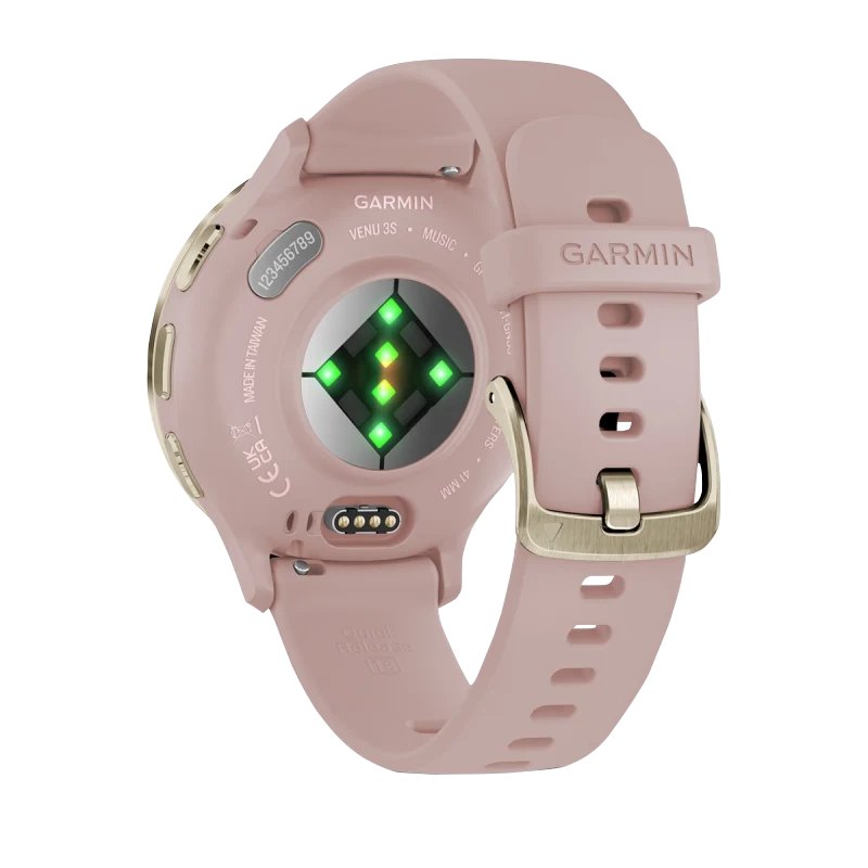 Garmin Venu 3S smartwatch, 41 mm soft gold stainless steel bezel with dust rose case and silicone band