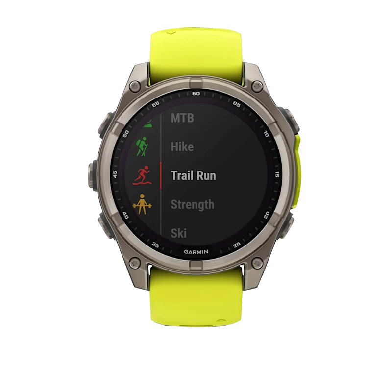 Garmin Fenix 8 smartwatch, 47 mm AMOLED, Solar Sapphire Titanium with Amp Yellow/Graphite silicone band
