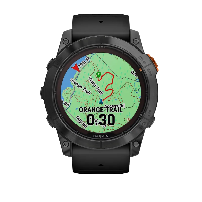 Garmin Fenix 7X Pro Solar smartwatch, slate-gray case with black band and map display
