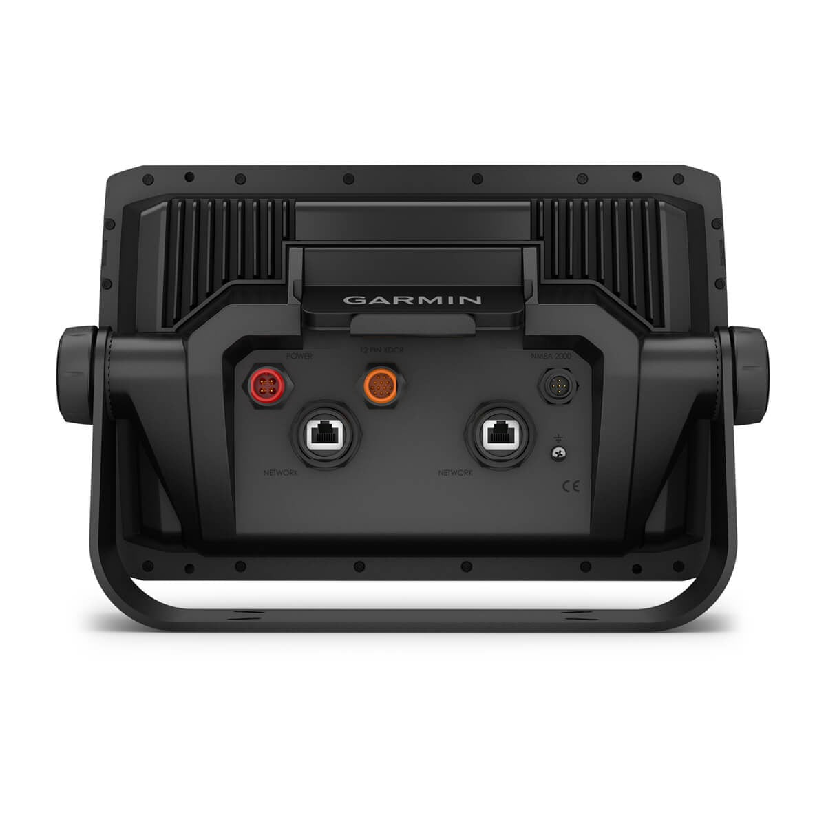 Garmin ECHOMAP Ultra 2 10-inch chartplotter back view showing red power and orange transducer ports