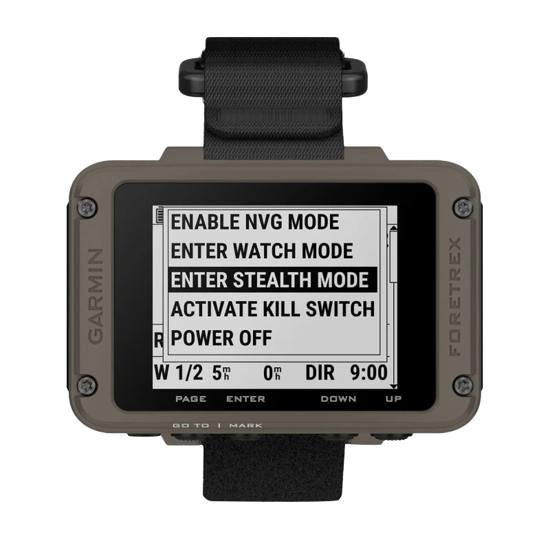Garmin Foretrex 901 Ballistic Edition wrist GPS navigator with tan rugged case and black strap, screen menu