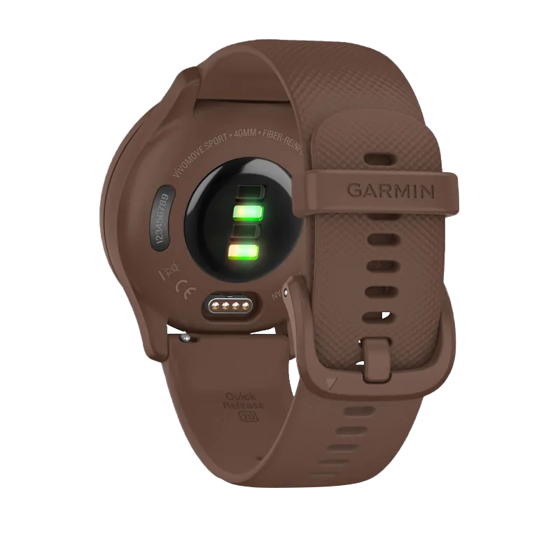 Garmin Vívomove Sport Cocoa smartwatch with peach gold accents, certified refurbished