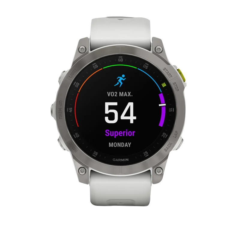 Garmin Epix Gen 2 Sapphire Edition 47mm smart watch with white band, refurbished