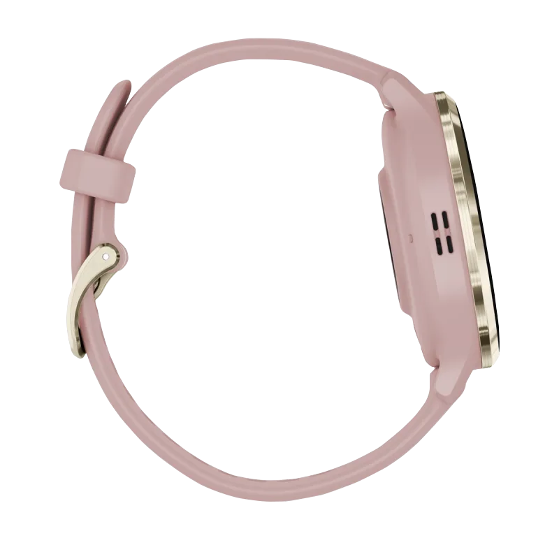 Garmin Venu 3S smartwatch with 41mm soft gold bezel, dust rose case and silicone band