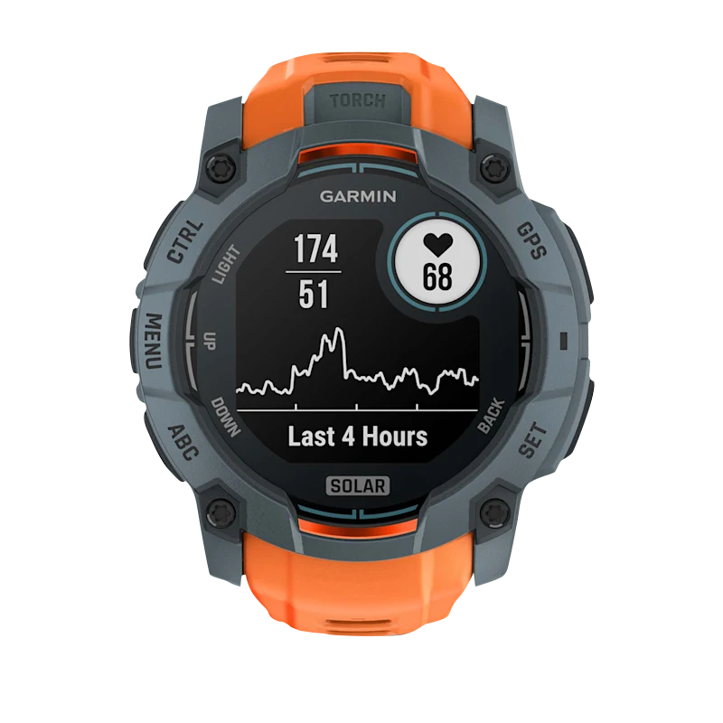 Garmin Instinct 3 Solar smartwatch, Twilight 50mm with orange Solstice Band.