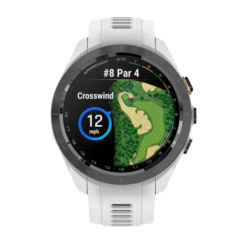 Garmin Approach S70 smartwatch, 42 mm with black/peach ceramic bezel and white silicone band (010-02746-00)