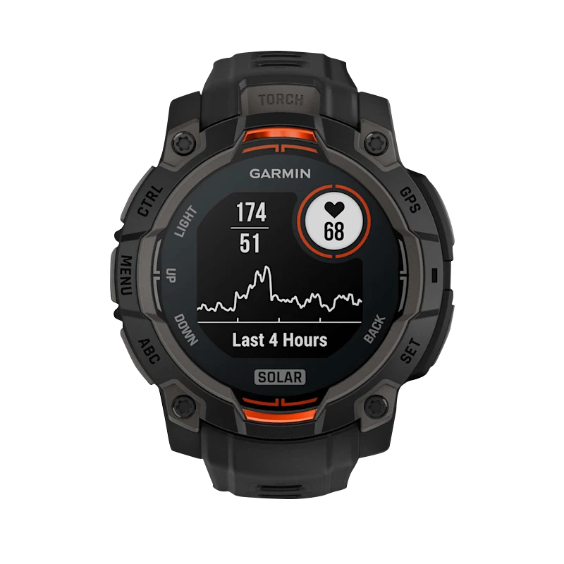 Garmin Instinct 3 Solar smartwatch, 45mm black case with black band, orange accents.