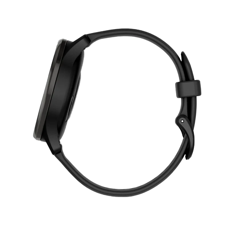 Garmin Vívomove Trend smartwatch with slate stainless steel bezel and black silicone band, certified refurbished.