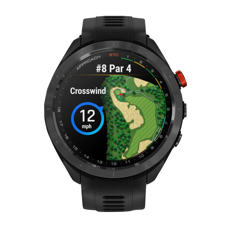 Garmin Approach S70 smartwatch with black ceramic bezel and black silicone band