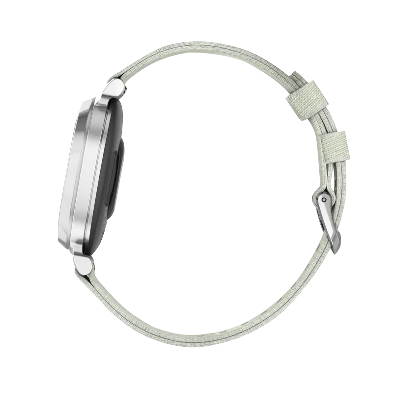 Garmin Lily 2 Classic smartwatch, silver case with sage gray nylon band, Garmin Certified Refurbished