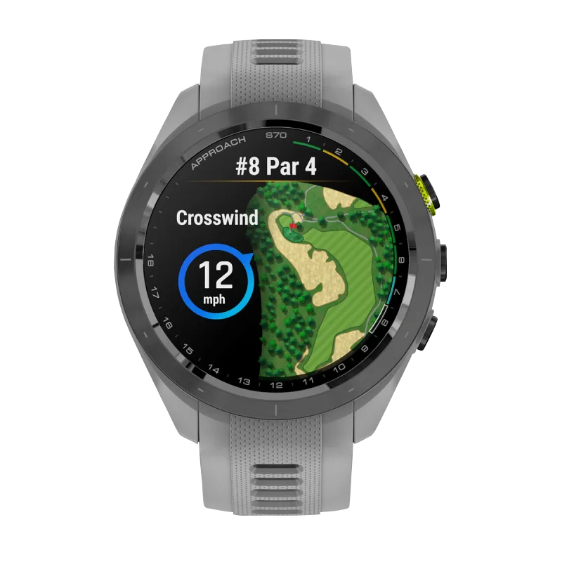 Garmin Approach S70 smartwatch, 42 mm, black ceramic bezel with amp yellow accent, powder gray silicone band