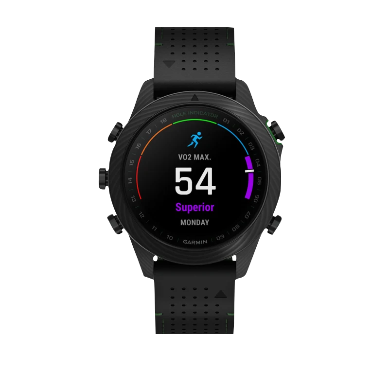 Garmin MARQ Golfer Gen 2 Carbon Edition smartwatch with perforated black strap.