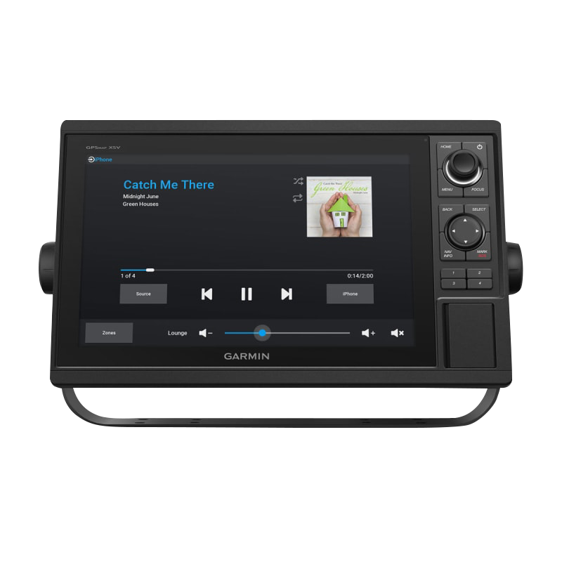Garmin GPSMAP 1242xsv marine chartplotter with GT52HW-TM transducer; black touchscreen with right-side controls.