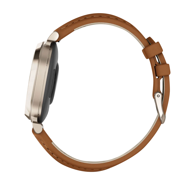 Garmin Lily 2 Classic Smartwatch, cream gold case with tan leather band, Garmin Certified Refurbished