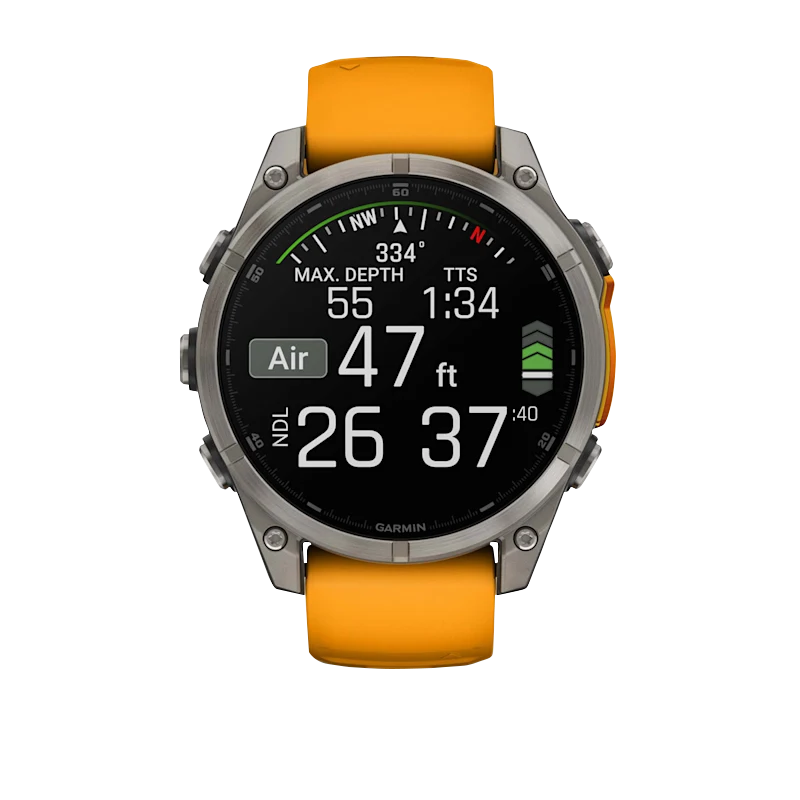 Garmin Fenix 8 smartwatch with titanium bezel and orange silicone band, 51 mm AMOLED Sapphire display (010-02905-10)