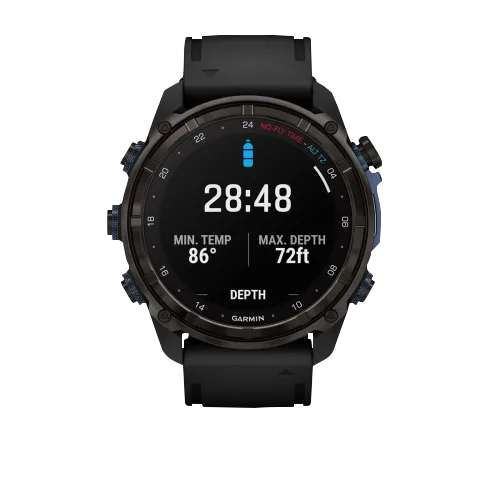 Garmin Descent Mk3i dive computer, 51 mm Carbon Gray DLC Titanium with Black Silicone Band.