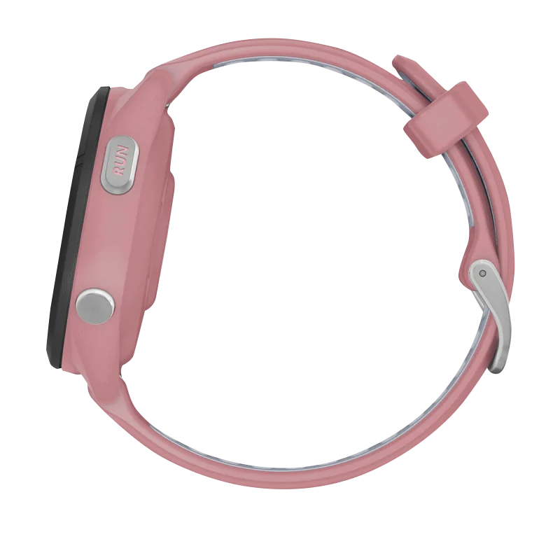 Garmin Forerunner 265S smart watch with pink case and light pink/Whitestone silicone band