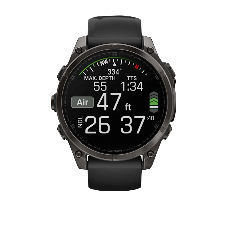Garmin Fenix 8 smartwatch, 47 mm AMOLED Sapphire, carbon-gray DLC titanium case with black silicone band