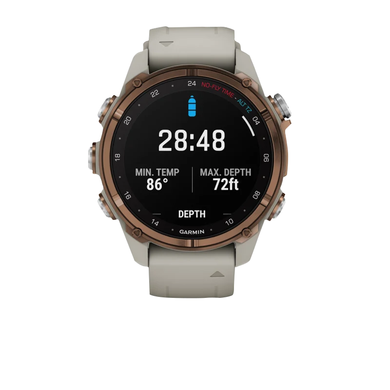 Garmin Descent Mk3i dive computer, 43 mm Bronze PVD titanium case with a French Gray silicone band.