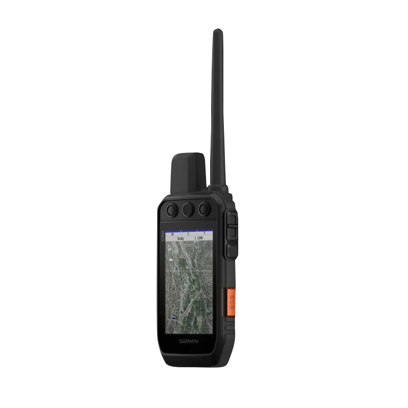 Garmin Alpha 300i handheld dog-tracking device, black with antenna and orange SOS button