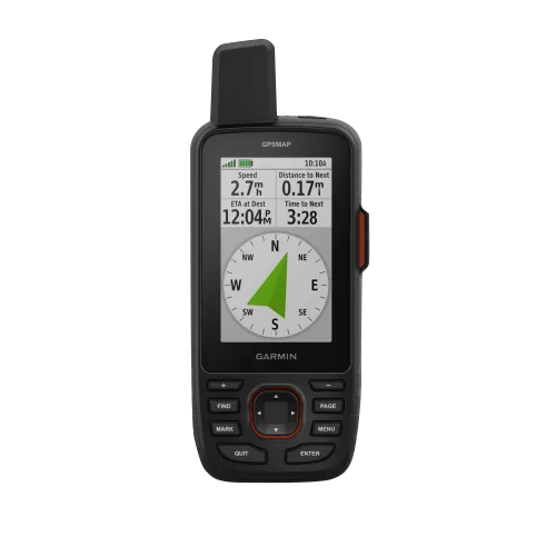 Garmin GPSMAP 67 handheld GPS device, black with compass display and red side button.