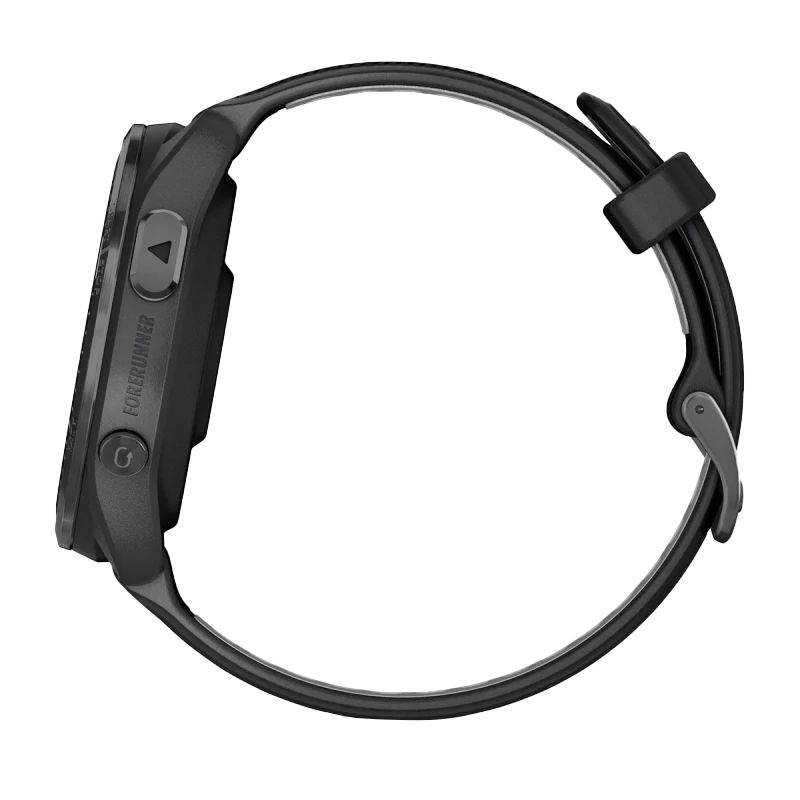 Garmin Forerunner 965 smartwatch with carbon-gray DLC titanium bezel, black case, and black/powder-gray silicone band.