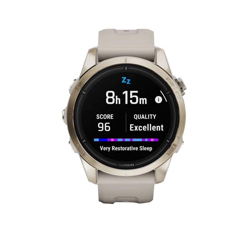 Garmin Epix Pro Gen 2 42mm Sapphire Edition smartwatch in soft gold with Light Sand band