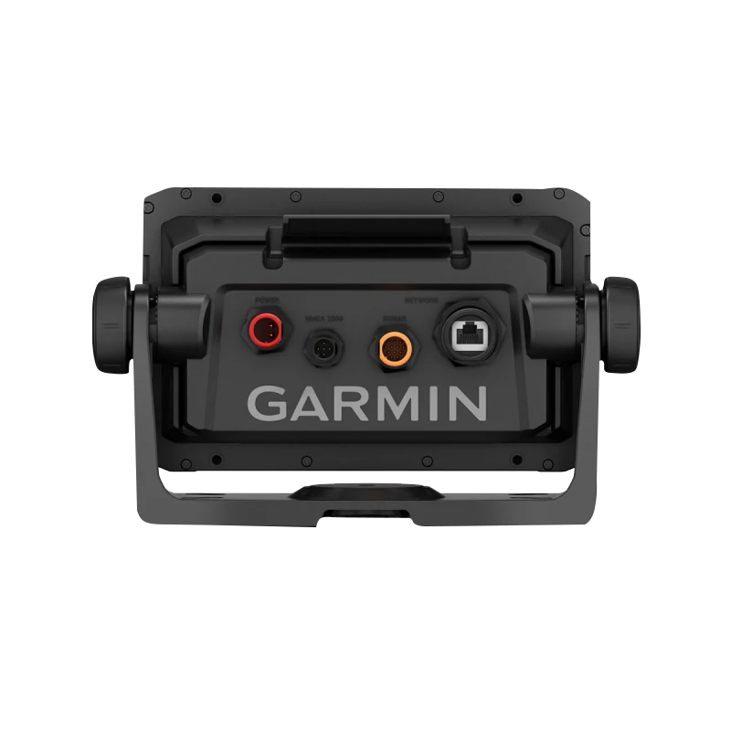 Garmin ECHOMAP UHD2 6-inch sv chartplotter back view showing GT54UHD-TM transducer ports