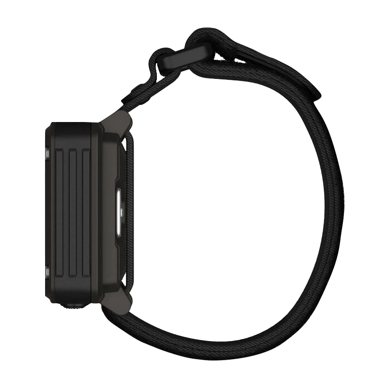 Garmin Foretrex 801 wrist-mounted GPS navigator with strap, black rugged case, side-profile view