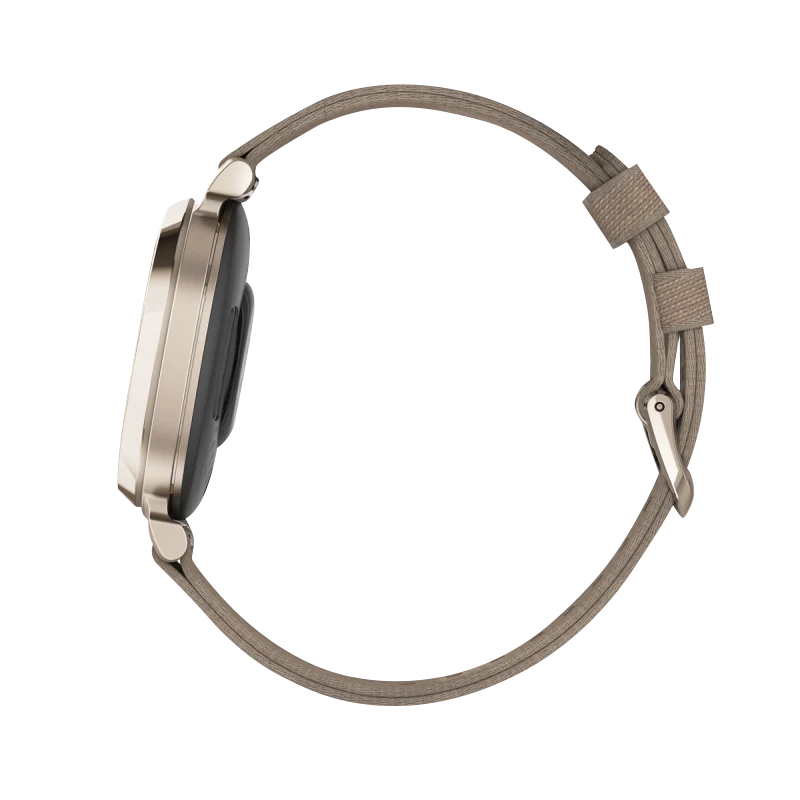 Garmin Lily 2 Classic smartwatch, cream-gold case with coffee nylon band, certified refurbished by Garmin