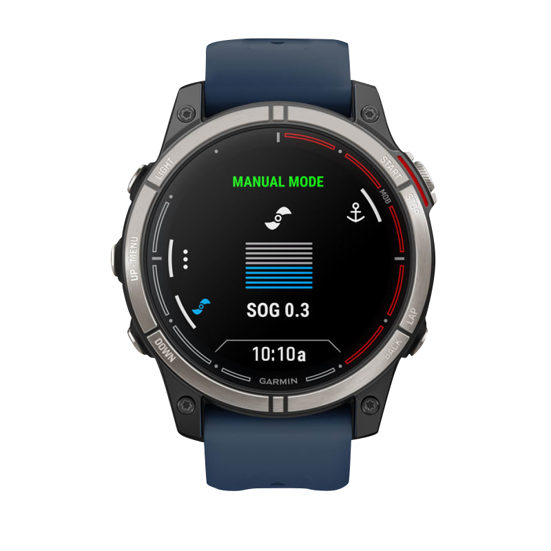 Garmin Quatix 7 Pro marine GPS smartwatch with AMOLED display and blue strap.