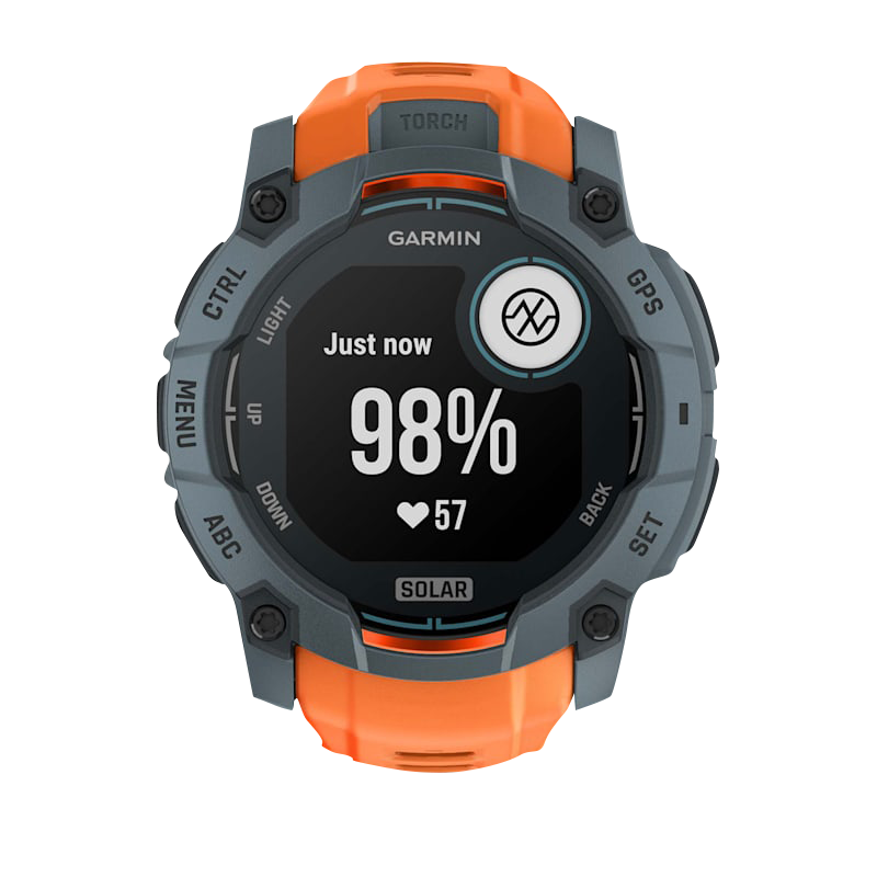 Garmin Instinct 3 Solar smartwatch with orange Solstice band and rugged gray bezel